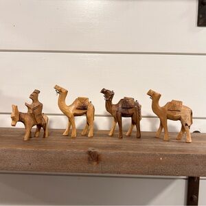 Vintage Hand Carved Olive Wood Nativity Caravan Train Camels & Donkey with Rider